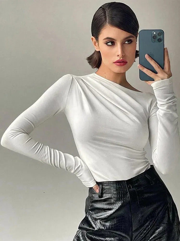 Color: black, Size: L - Long Sleeve Top White T-Shirts Women Basic Crop Top Autumn Pollover Solid Skew Neck T Shirt Streetwear Basic Black Y2K Tees