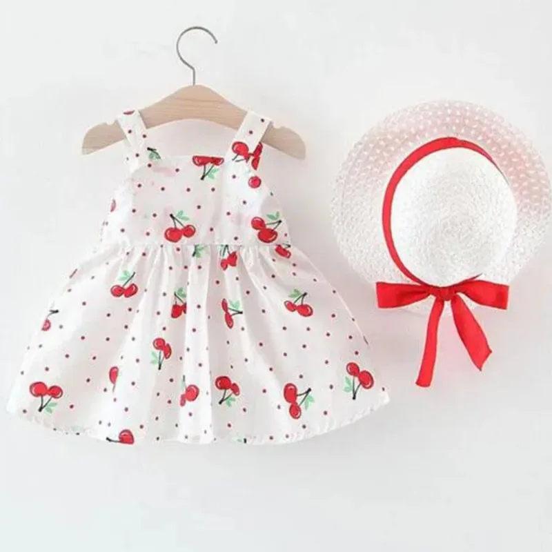 Color: Yellow, Kid Size: 4T - 1Pc Kids Girl Summer Sleeveless Dress Cute Print Bow Casual Dress with Straw Hat