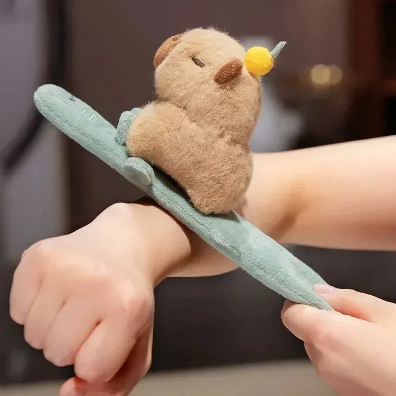 Color: GRAY, Height: 0-10cm - Capybara Slap Snap Wrap Capibara Plushie Wristband Bracelet Kawaii Cute Dog Cat Plush Toy Hand Ring Creative Funny Gift