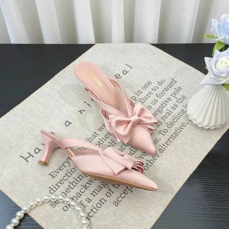 Color: Pink, Shoe Size: 36 - Fairy Style Pink Cool Slippers for Women's Summer 2024 French Pointed Bow Hollow High Heels, Half Wrapped Women's Slippers