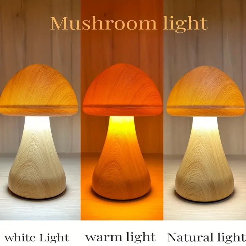 1PC Touch-Sensitive Dimmable Mushroom LED Desk Lamp - USB Rechargeable, 3-Color Night Light with Lithium Battery.