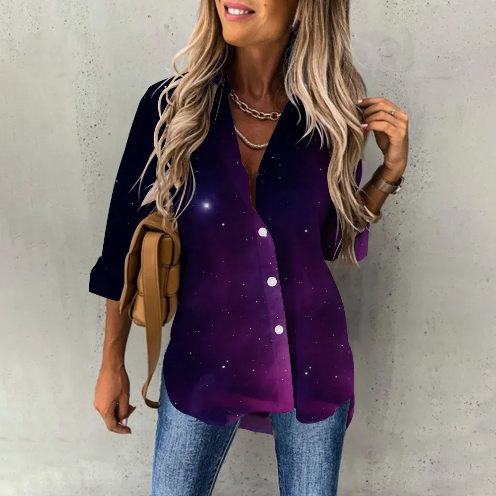 Color: Blue, Size: XXL - Ladies Long Sleeved Shirt Vacation Style Coconut Tree 3D Digital Printed Button Up Collar Loose Casual Ladies Blouse 2024 Autumn
