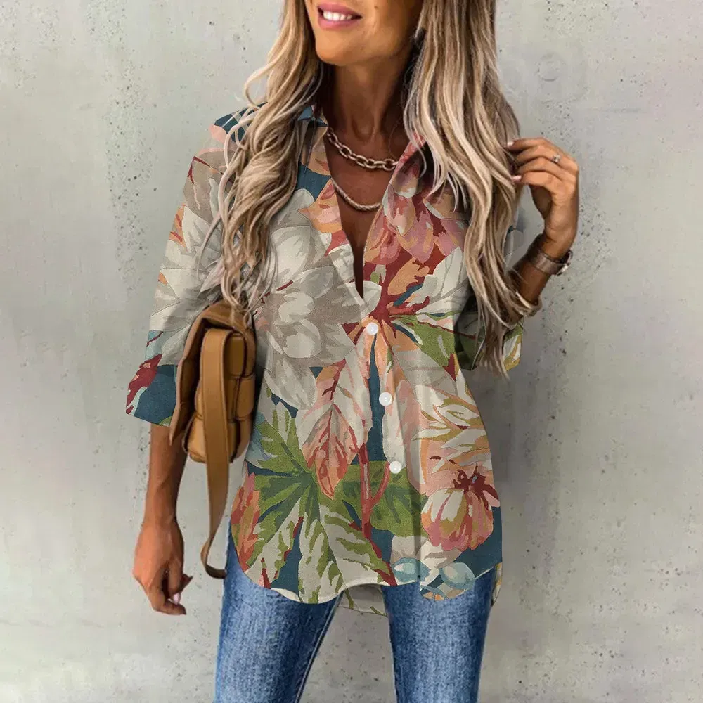 Color: Blue, Size: XXL - Ladies Long Sleeved Shirt Vacation Style Coconut Tree 3D Digital Printed Button Up Collar Loose Casual Ladies Blouse 2024 Autumn