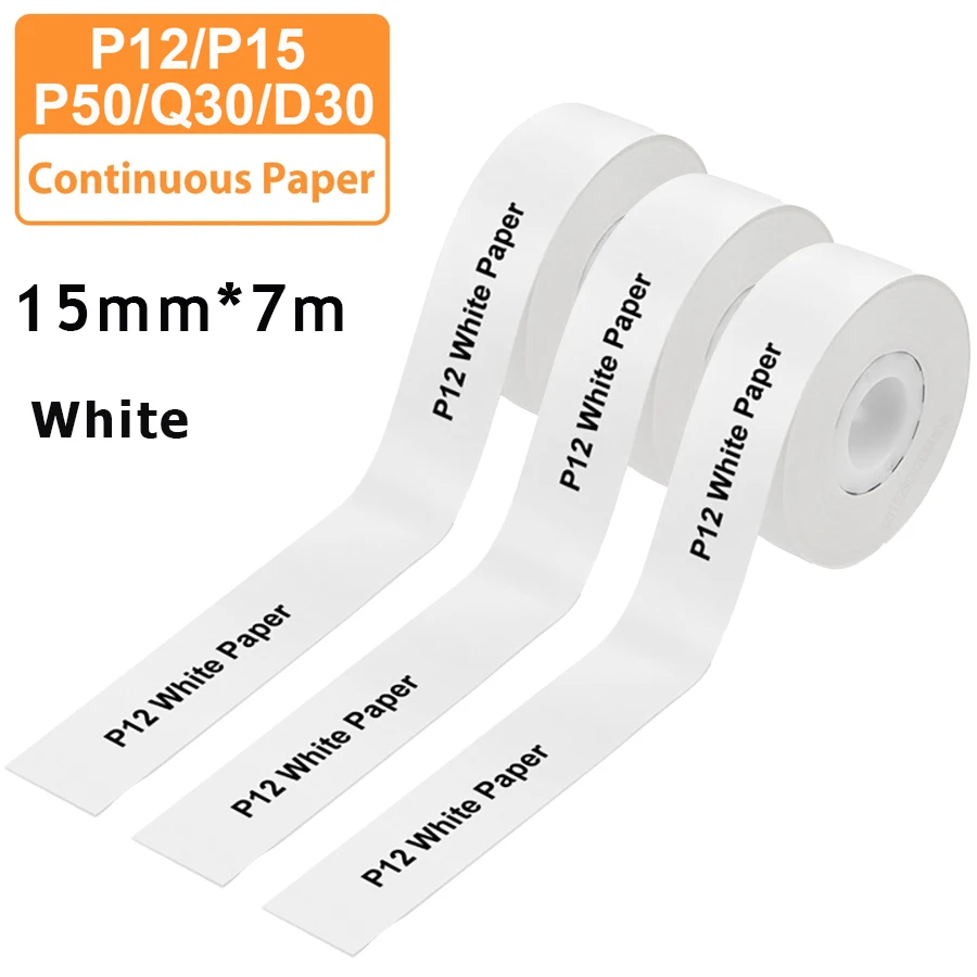 Color: BK - 3pcs 15mm x7m Continuous Label Paper fit for P12 P15 Phomemo D30 Q30 Printer Waterproof Self Adhesive Thermal Printer Sticker