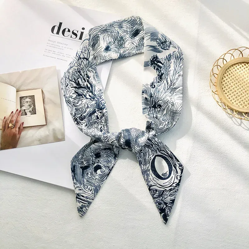 Color: WHITE - Sketch Style 26 Letters Temperament Small Scarf Long Silk Scarf Hair Band Narrow Headband Hair Tie Bag Handle Hair Accessories