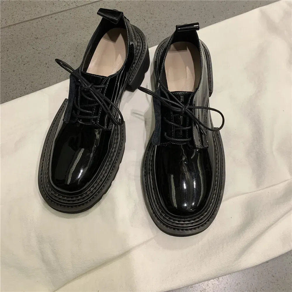 Color: Blue, Shoe Size: 11 - MILI-MIYA New Arrival Thick Heels Women Cow Patent Leather Pumps Lace Up Round Toe Fashion Street Casual Shoes Size 34-42