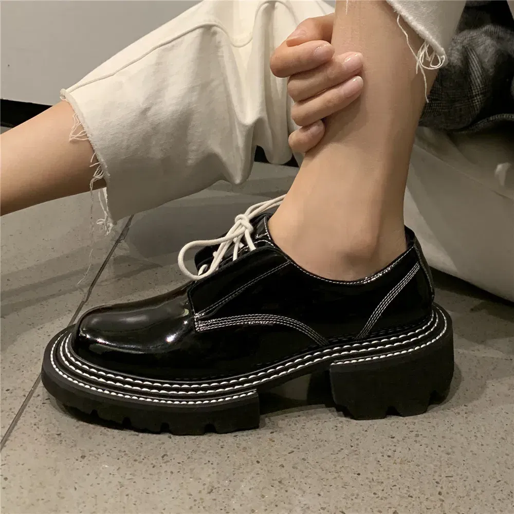 Color: Blue, Shoe Size: 11 - MILI-MIYA New Arrival Thick Heels Women Cow Patent Leather Pumps Lace Up Round Toe Fashion Street Casual Shoes Size 34-42