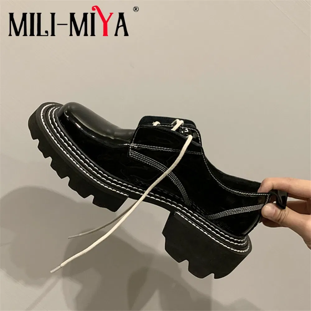 Color: Blue, Shoe Size: 11 - MILI-MIYA New Arrival Thick Heels Women Cow Patent Leather Pumps Lace Up Round Toe Fashion Street Casual Shoes Size 34-42
