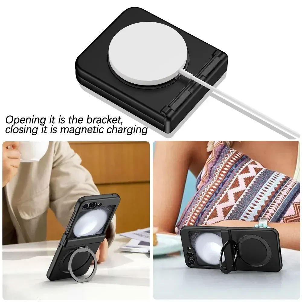 Color: Clear, Material: CANVAS - For Samsung Galaxy Z Flip 3 5 4 6 Magsafe Case Wireless Charging Hinge All-inclusive Flip Shockproof Hard Magnetic Holder Cover