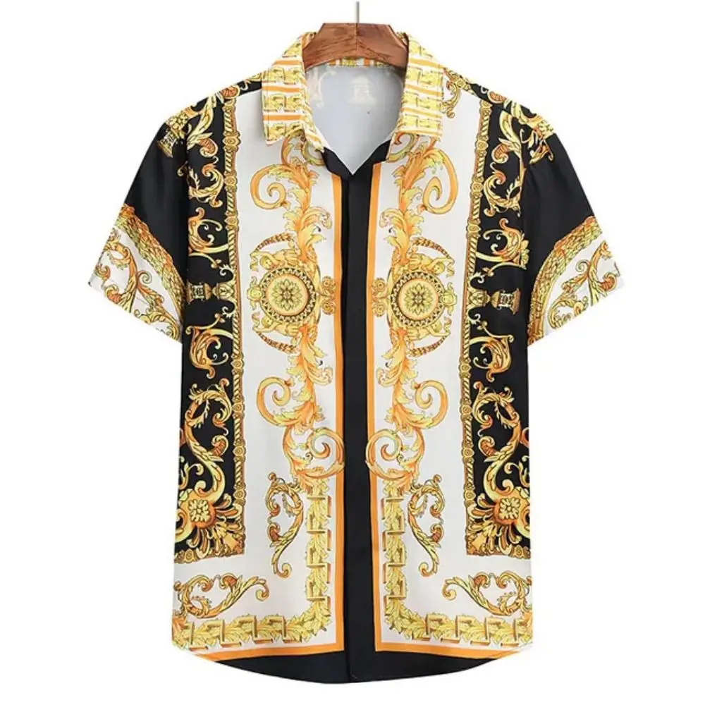 Color: Gold, Size: L - Summer Fashion Men's Short Sleeve Casual Shirts Luxury Style Gold Printed Tops Everyday Casual Wear Men's Shirts Oversized Tops