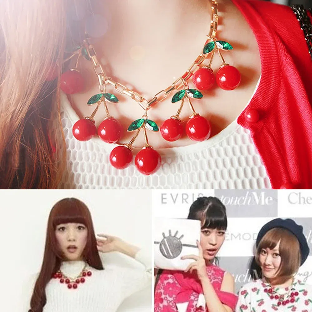 Metal Color: Light Yellow Color - Statement 10 Big Red Cherry Pendant Chain Crystal Choker Sweet Collar Bib Necklace Fashion Personality Party Jewelry Gifts