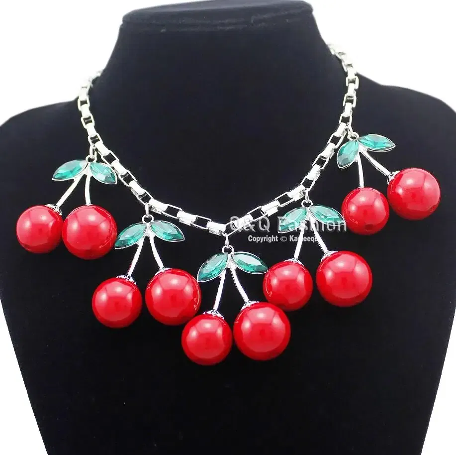 Metal Color: Light Yellow Color - Statement 10 Big Red Cherry Pendant Chain Crystal Choker Sweet Collar Bib Necklace Fashion Personality Party Jewelry Gifts