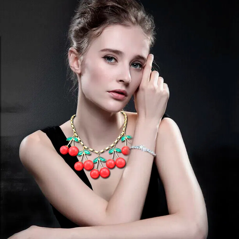 Metal Color: Light Yellow Color - Statement 10 Big Red Cherry Pendant Chain Crystal Choker Sweet Collar Bib Necklace Fashion Personality Party Jewelry Gifts