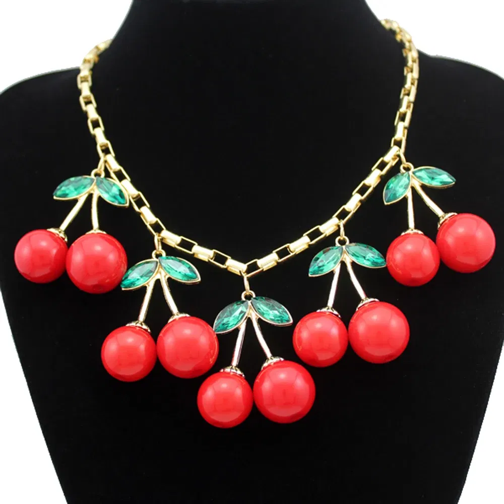 Metal Color: Light Yellow Color - Statement 10 Big Red Cherry Pendant Chain Crystal Choker Sweet Collar Bib Necklace Fashion Personality Party Jewelry Gifts