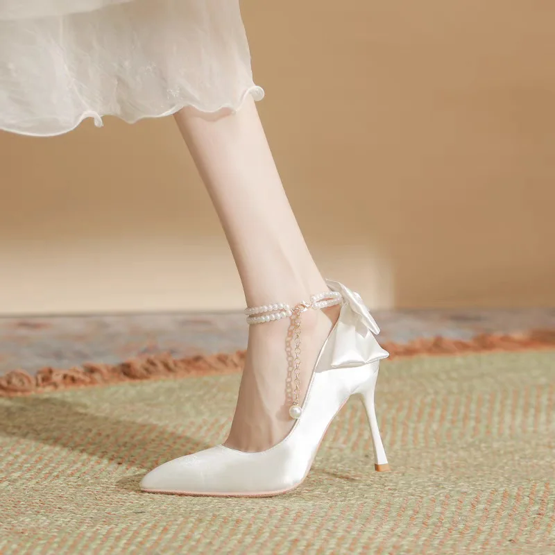 Color: Beige, Shoe Size: 35 - Size 35-40 Stiletto Heel Point Toe Pearls Buckle Belt 9cm High Heel Ladies Bow Satin Fabric White Wedding Shoes Women Pumps