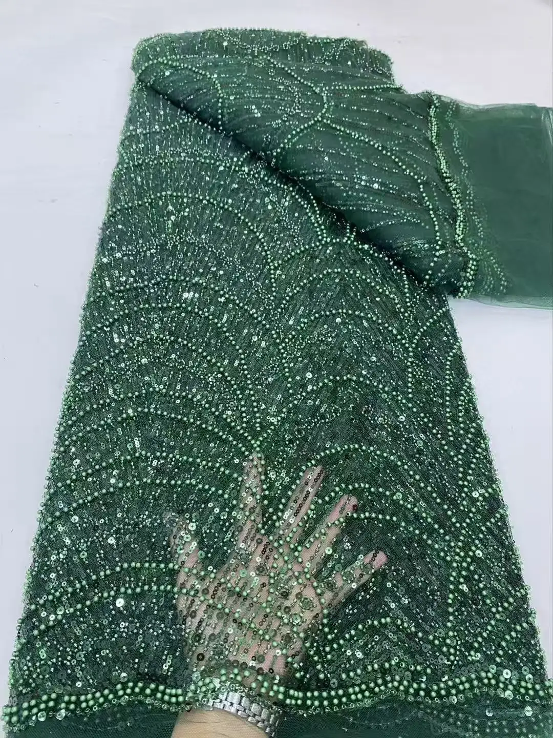 Color: Red, Width: 120cm, Length: 5 yards - Luxury Sky Blue French Tulle Lace Fabric with Sequins Beads for Bridal Dress Nigerian Groom High Quality African Wedding Gown Ma