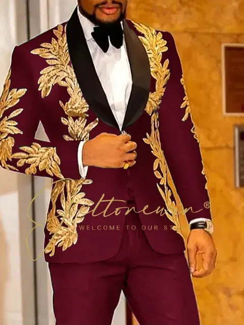 Color: Burgundy, Size: XXXL - Luxury Groom Wedding Tuxedos Gold Sequins Appliques Black Men Suits Slim Fit Costume Homme Marriage Prom Suits
