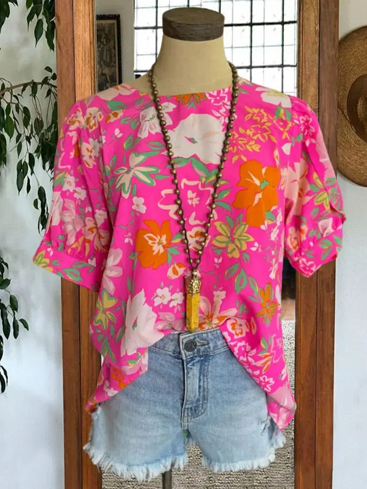 Vibrant Floral Print Puff Sleeve Blouse Floral T-Shirts