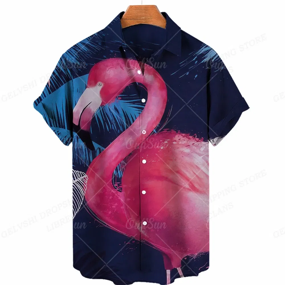 Color: Yellow, Size: L - Flamingo Hawaiian Shirts Beach Summer Men's Shirt Tropic Leaf 3D Print Shirts Men Women Fashion Blouse Short Sleeve Vocation