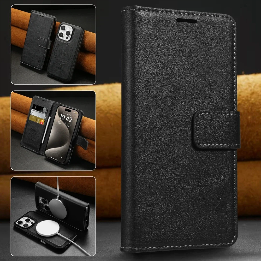 Color: black, Material: POLYESTER - 2 in 1 MagSafe Wallet Case for IPhone 16 Promax 15 Plus 14 Pro Max 13 12 Iphone16 Magnetic Wireless Charging Phone Cover