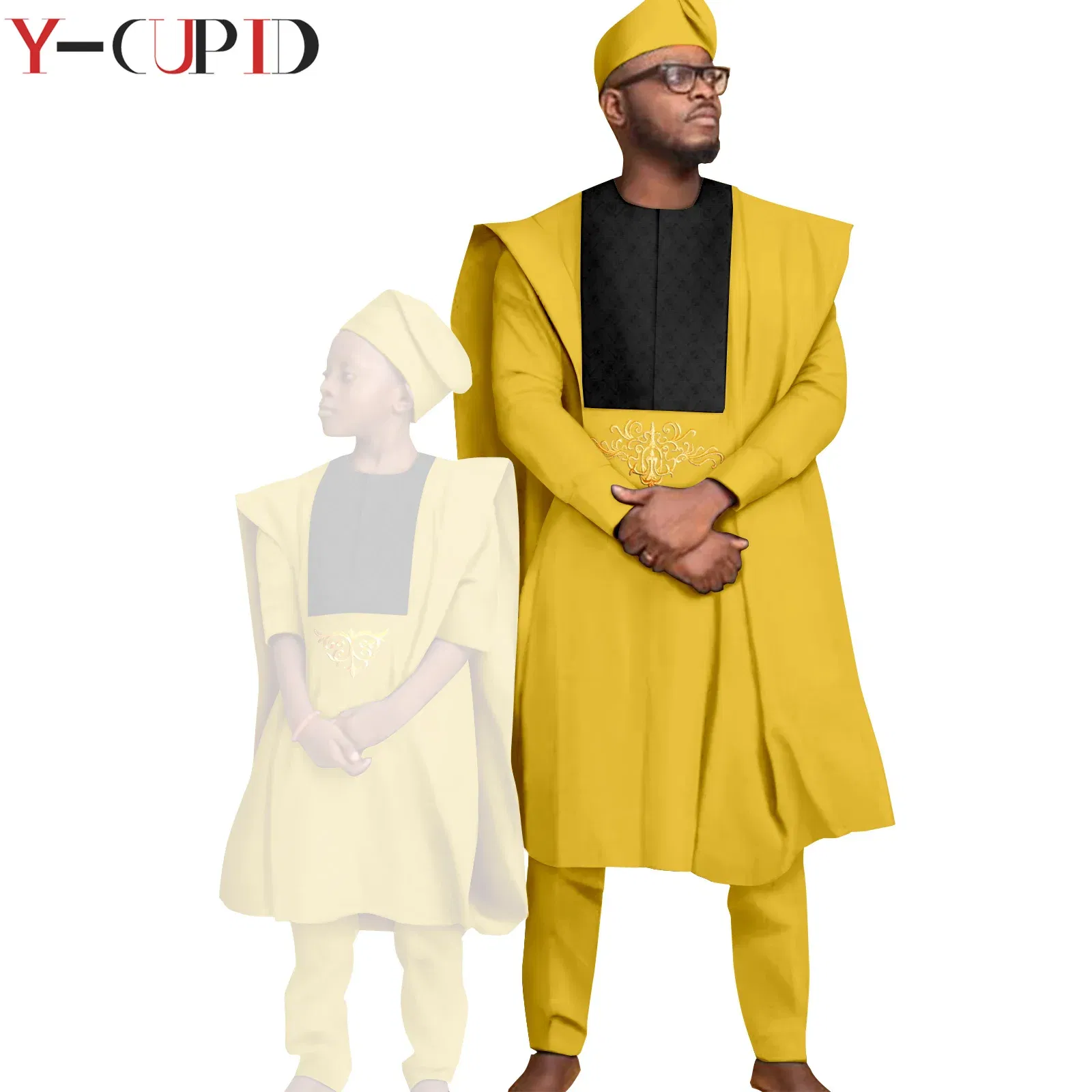 Color: Khaki, Size: L - African Clothes for Men Top Pants Robes Hat Sets Match Kid Boy Sets Dashiki Father and Son Bazin Riche Family Outfits Y20F001