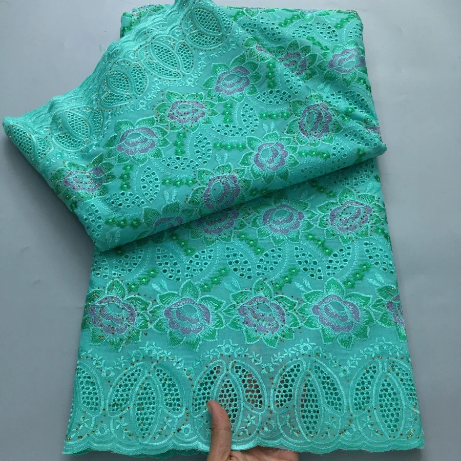 Color: green, length: 5 yards, Width: 120cm - White Swiss Lace Fabric High Quality 5 Yards Embroidered Nigerian Cotton Lace Fabric 2025 African Party Dress for Women A4182