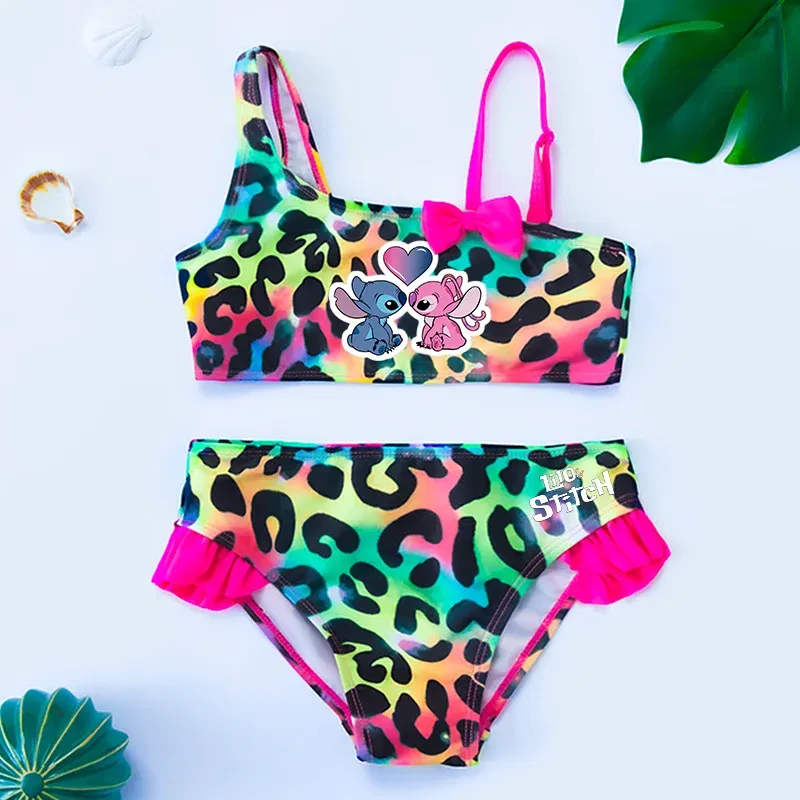 Color: Pink, Size: S - Lilo Stitch Gilrs Bow Bikini Set Trendy Two-Piece Swimsuits for Summer Stylish Beachwear Pool Fashion Bathing Suits 3-12Y