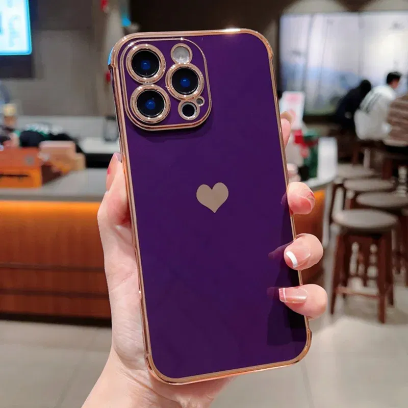 Color: Beige, Compatible-Phone Models: For iPhone 15, Ships From: CN - Electroplating Side Love Heart Phone Case For IPhone 16 15 14 13 12 11 Pro Max XR 8 Plus SE2/SE3 Shockproof Back Cover