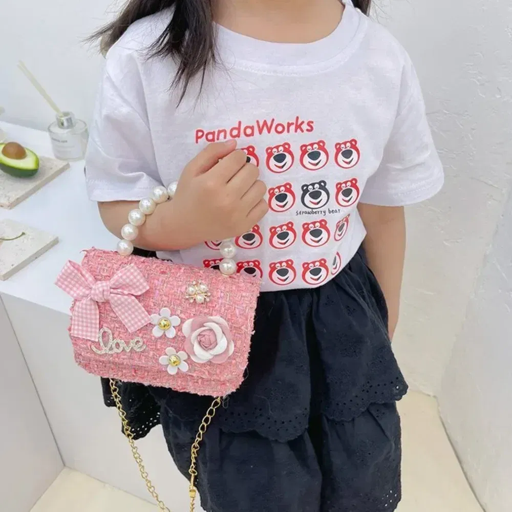 Color: Brown - New Children's Fashion Little Fragrant Wind Elsa Princess Bag Little Girl Pearl Handheld Crossbody Bag Net Red envelope