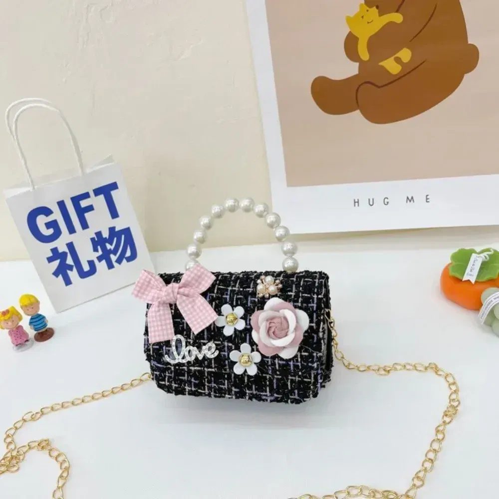 Color: Brown - New Children's Fashion Little Fragrant Wind Elsa Princess Bag Little Girl Pearl Handheld Crossbody Bag Net  Red envelope