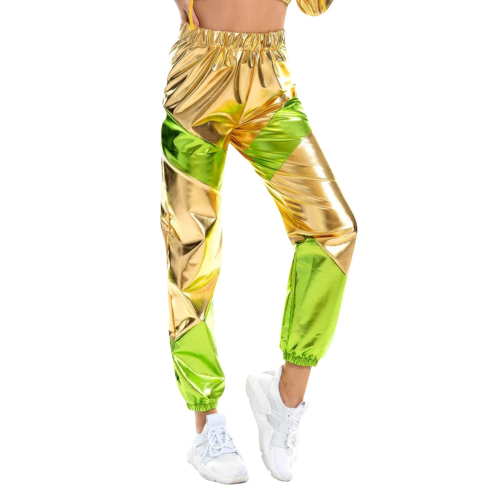 Color: Pink, Size: M - Women'S Shiny Trousers Elastic Sports Leisure Casual Long Sweatpants Jogging Bottoms Stretch Leggings Party Disco Clubwear