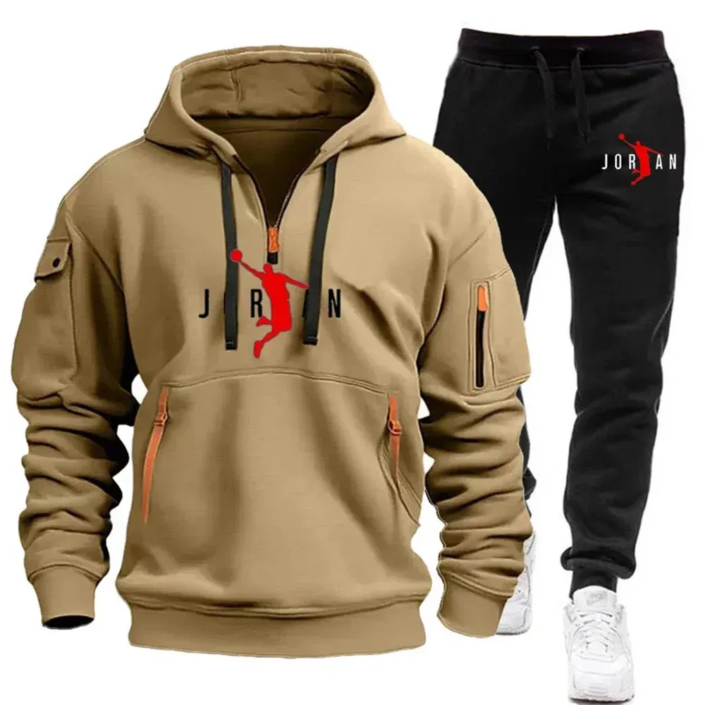 Color: black, Size: XXL - 2025 new men's zipper multi-pocket hoodie loose casual sweater suit spring and autumn European size new fashion print