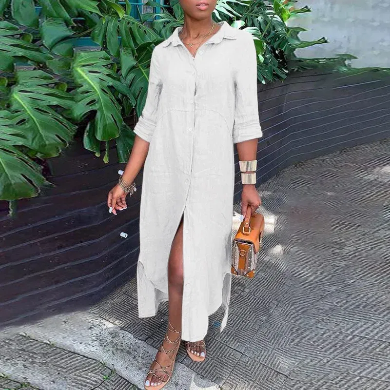Color: WHITE, Size: L - Long Shirt Dress Women Autumn Cotton Linen Leisure Turn Down Collar Maxi Dresses Female Elegant Loose Beach Spring Vestidos