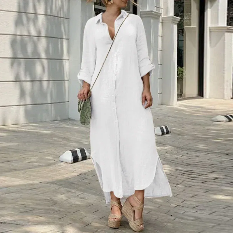 Color: WHITE, Size: L - Long Shirt Dress Women Autumn Cotton Linen Leisure Turn Down Collar Maxi Dresses Female Elegant Loose Beach Spring Vestidos