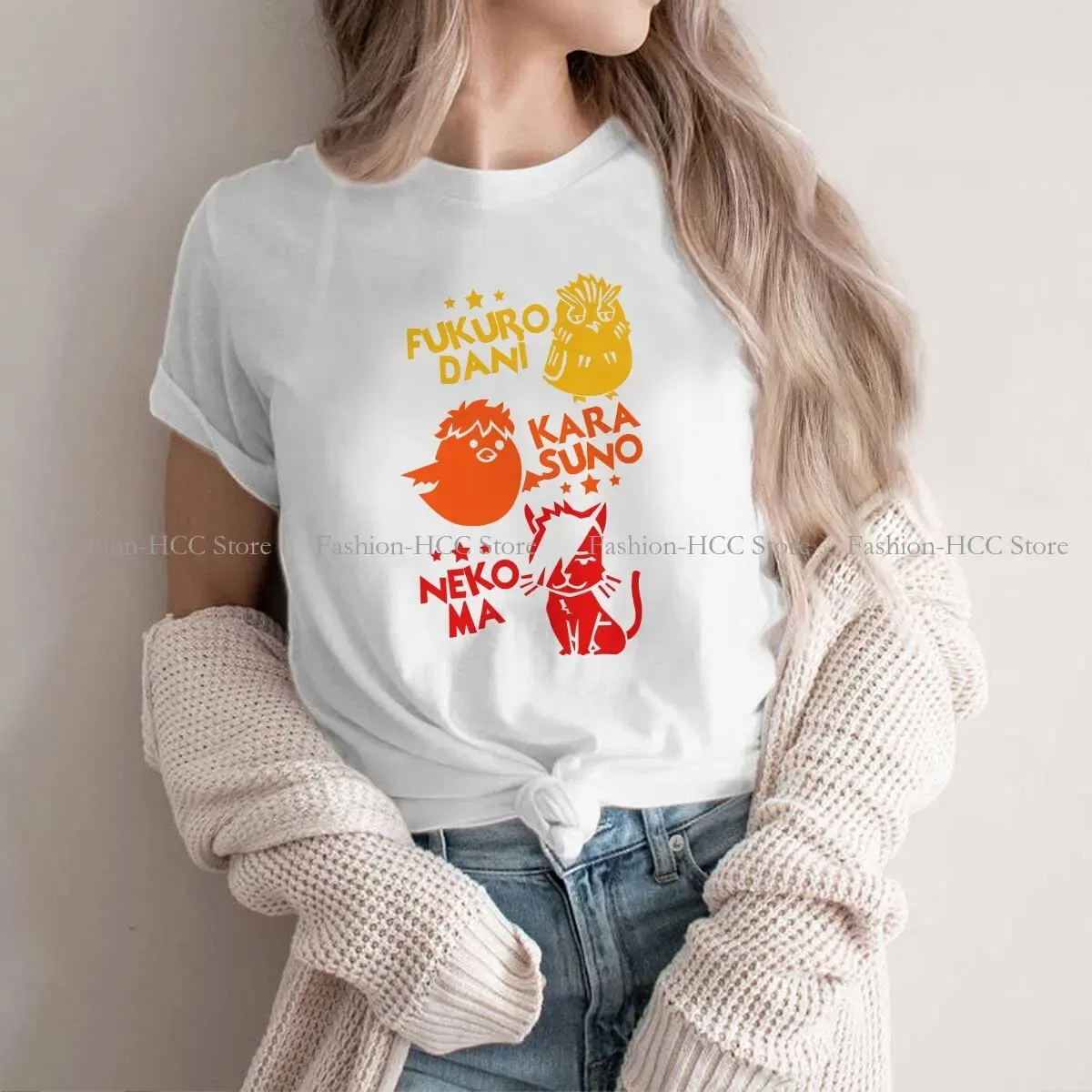 Color: WHITE, Size: S - Best Team O Neck Polyester TShirt Haikyuu Cartoon Anime Classic T Shirt Women Tops