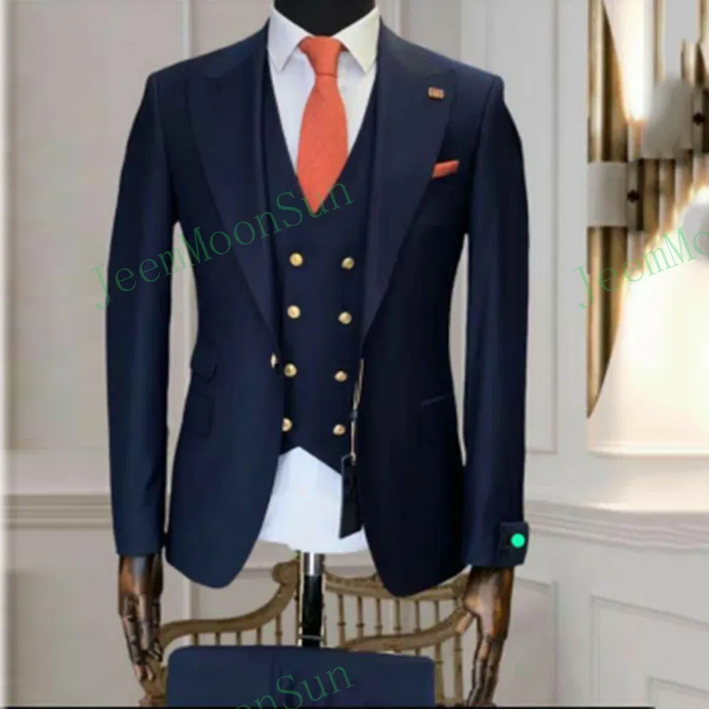 Color: Navy Blue, Size: S, Ships From: CHINA - 3 Pieces New White Men's Suit 2022 Peak Lapel Slim Fit Casual Tuxedos Groom Tailor Made Terno Masculino (Blazer+Pants+Vest)