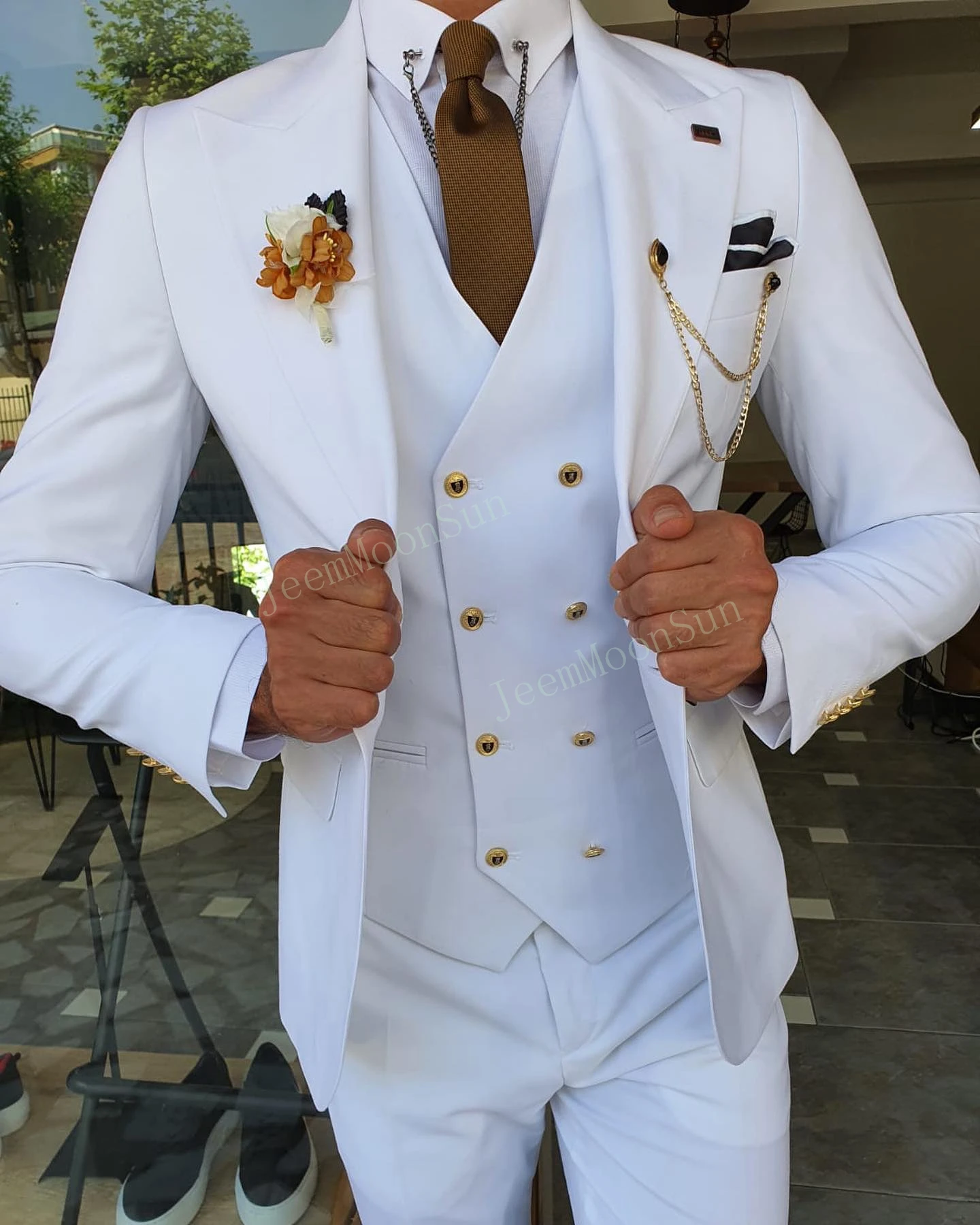 Color: Navy Blue, Size: S, Ships From: CHINA - 3 Pieces New White Men's Suit 2022  Peak Lapel Slim Fit Casual Tuxedos Groom Tailor Made Terno Masculino (Blazer+Pants+Vest)