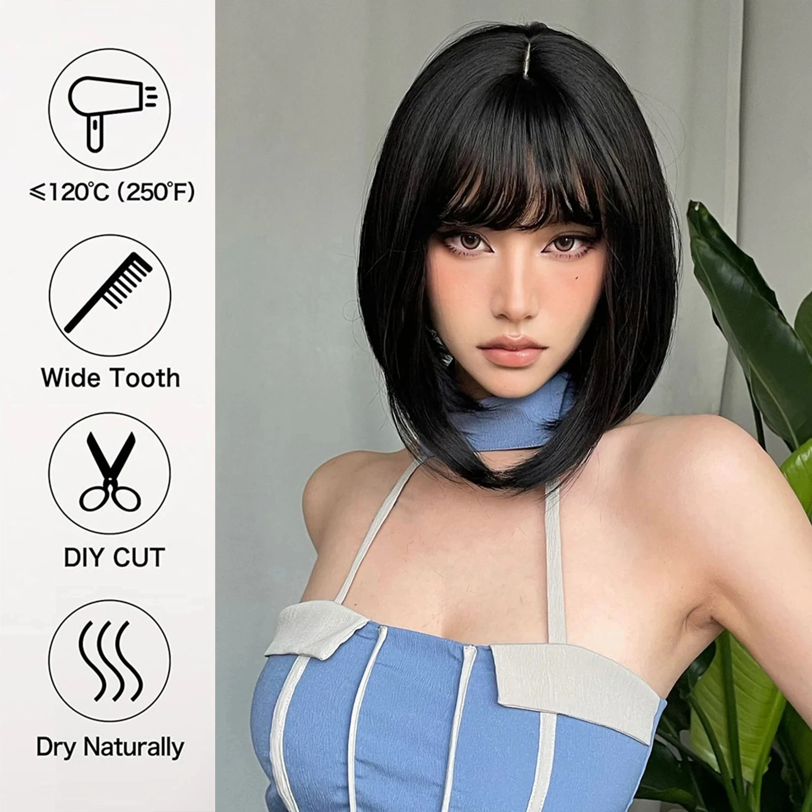 Color: T1B/613, Stretched Length: 12inches - Bob Black Synthetic Wigs Straight Cosplay Short Daily Natural Looking Hair Wig with Bangs Heat Resistant Fiber for Women Afro