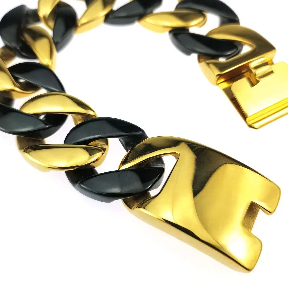 Length: 50cm, Main Stone Color: Green - 316L Stainless Steel and Black Tone Curb 24mm Solid Heavy Long Necklace + Bracelet Jewelry