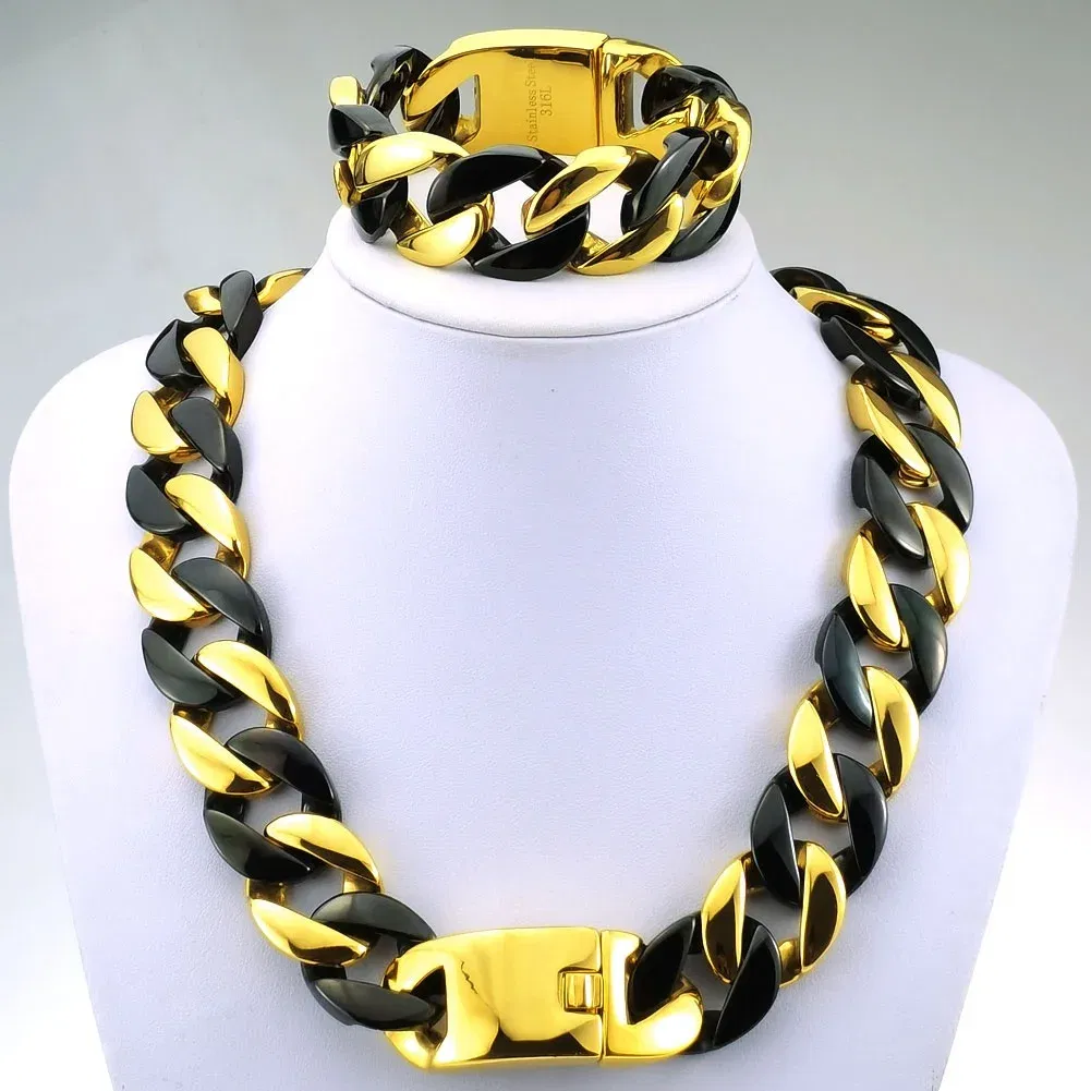 Length: 50cm, Main Stone Color: Green - 316L Stainless Steel and Black Tone Curb 24mm Solid Heavy Long Necklace + Bracelet Jewelry