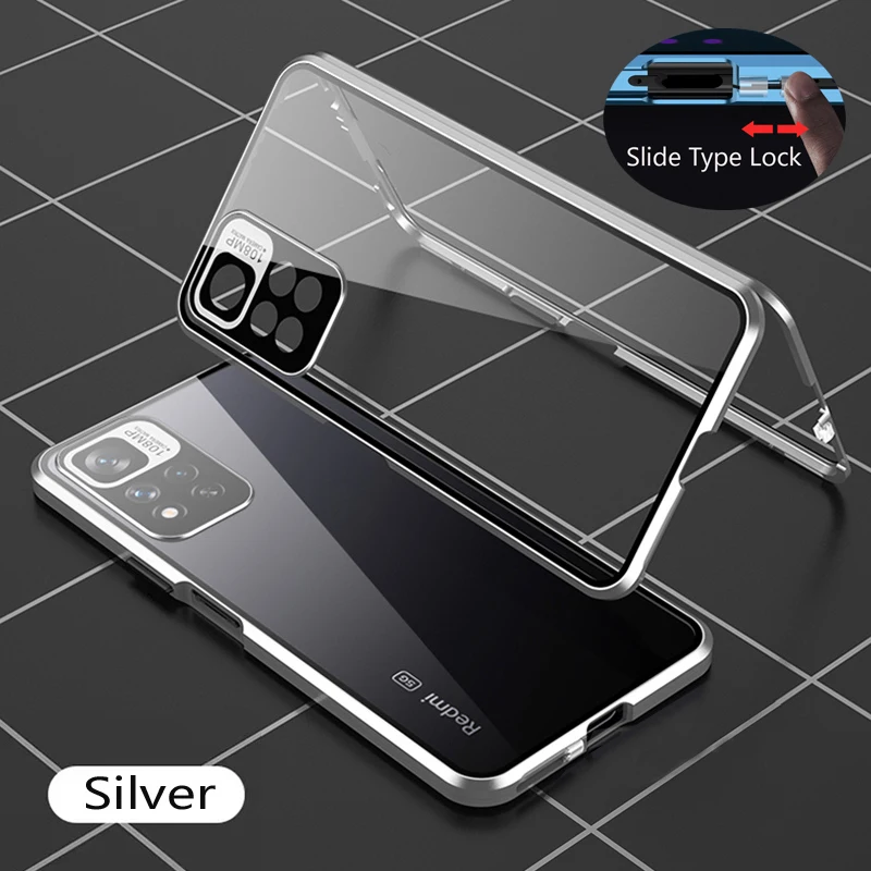 Color: Silver, Bundle: Case & Screen Protector, Material: CANVAS - Full Protection Case Metal Magnetic Double Sided Glass Snap Lock Case For XiaoMi Redmi Note 13 Pro Plus 5G Bumper Phone Cover