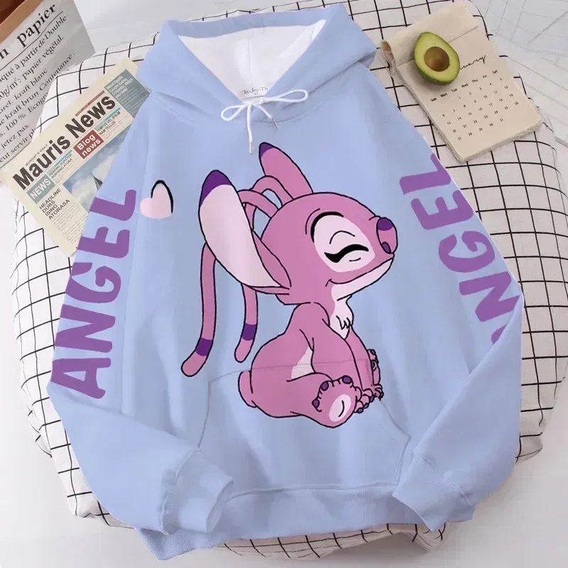 Color: Ivory, Size: XXL - Disney Hoodie Fashion Stitch Angel Monster Letter Cartoon Sweatshirt Pullover Cute Harajuku Unisex Women's Pocket Top