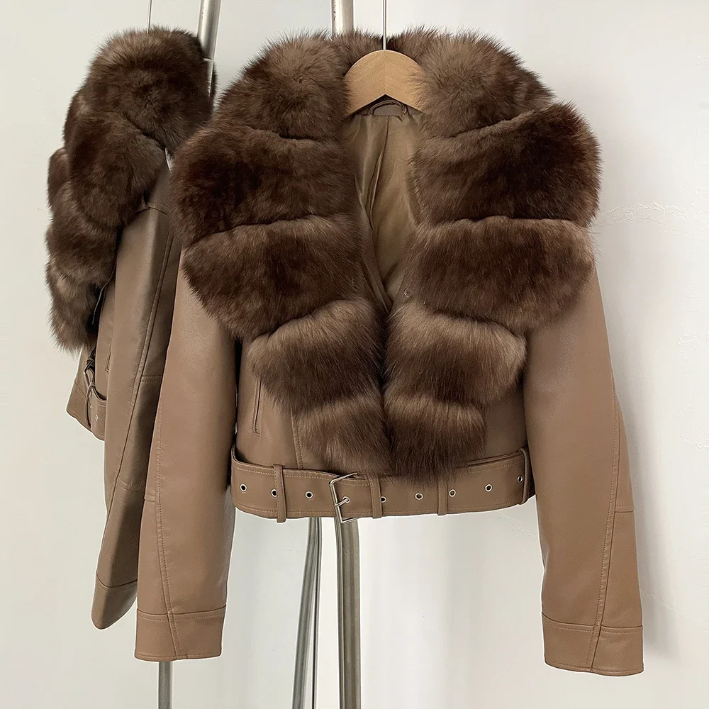 Color: Navy Blue, Size: XL - Fake Leather Coat New Natural Fox Fur Autumn Short Faux Leather Jacket Female Spring PU Women Long Sleeve Real Fur Coat Thin