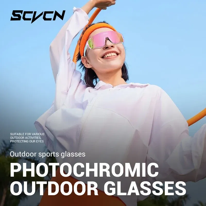 Color Name: Red - SCVCN Color Photochromic Cycling Glasses Outdoo Fashion Sports Sunglasses Men MTB Cycling Sunglasses Women Road Bike Glasses