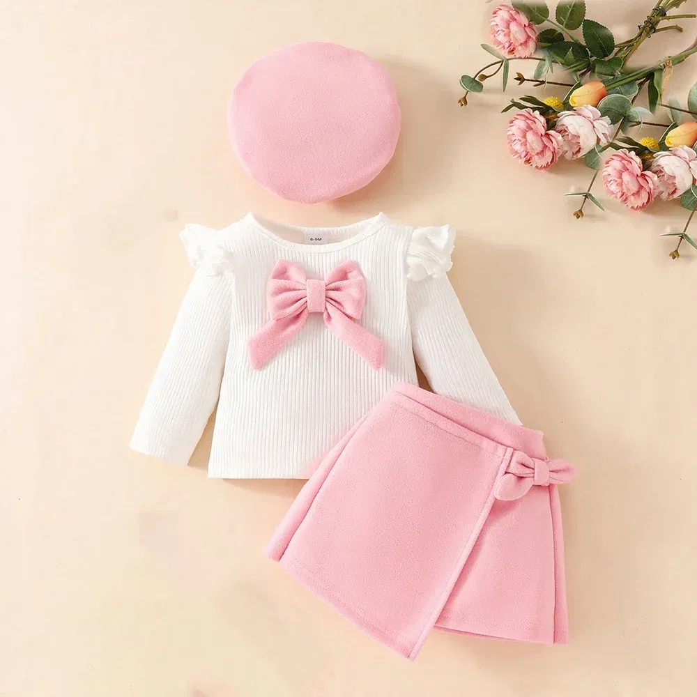 Color: Pink, Kid Size: 18M - Baby Girls Clothes New Year Set 0-3Y Long Sleeve Big Bow Top Irregular Skirt and Beret 3Pcs Toddler Christmas Clothes