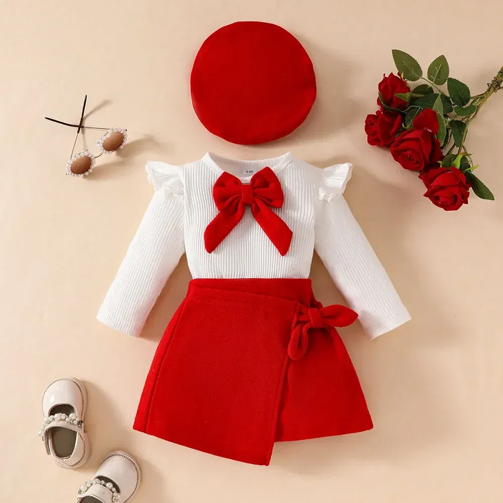 Color: Pink, Kid Size: 18M - Baby Girls Clothes New Year Set 0-3Y Long Sleeve Big Bow Top Irregular Skirt and Beret 3Pcs Toddler Christmas Clothes