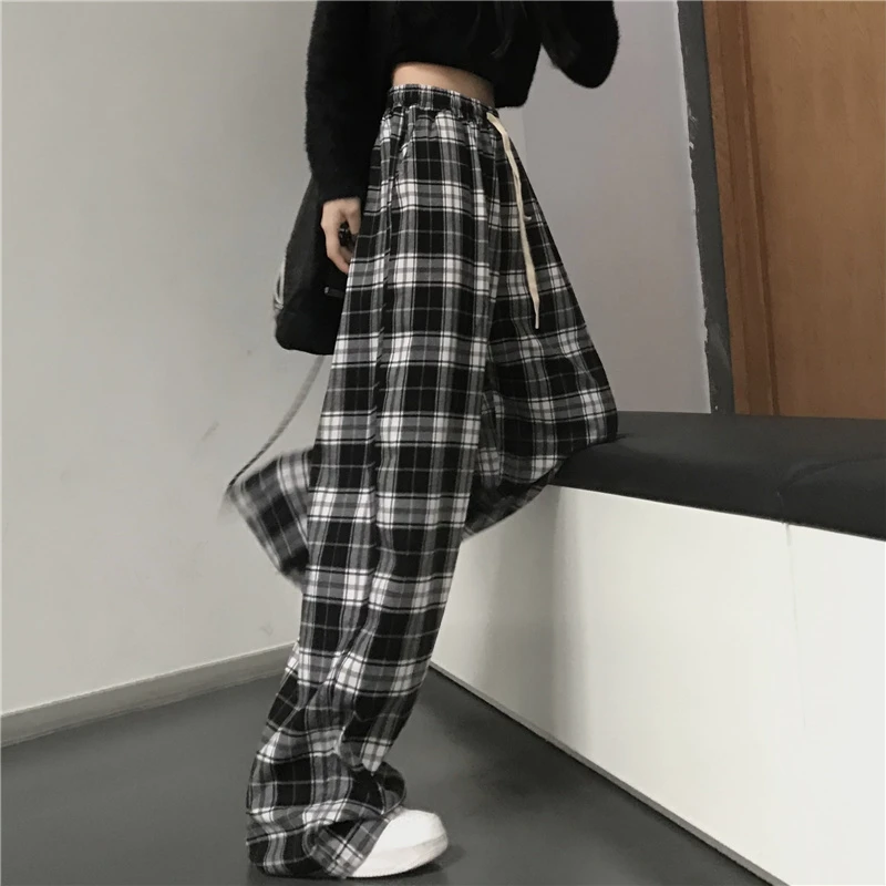 Color: black, Size: XL - Oversize Women Sweatpants Fashion Black Plaid Casual Pants Baggy Elastic Waist Pockets Student Unisex Hip Hop Loose Trousers