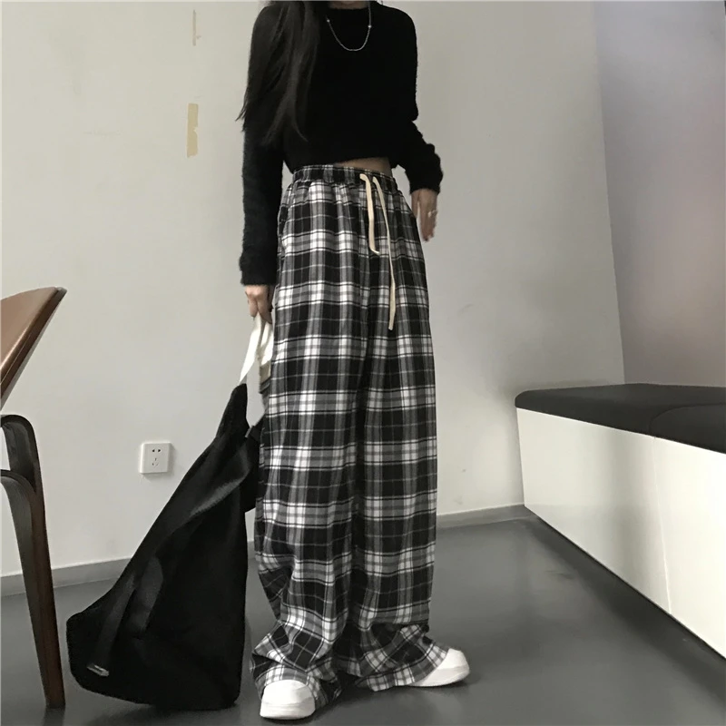 Color: black, Size: XL - Oversize Women Sweatpants Fashion Black Plaid Casual Pants Baggy Elastic Waist Pockets Student Unisex Hip Hop Loose Trousers