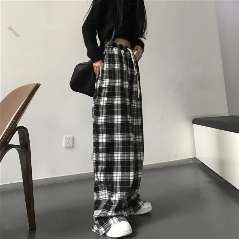 Color: black, Size: XL - Oversize Women Sweatpants Fashion Black Plaid Casual Pants Baggy Elastic Waist Pockets Student Unisex Hip Hop Loose Trousers
