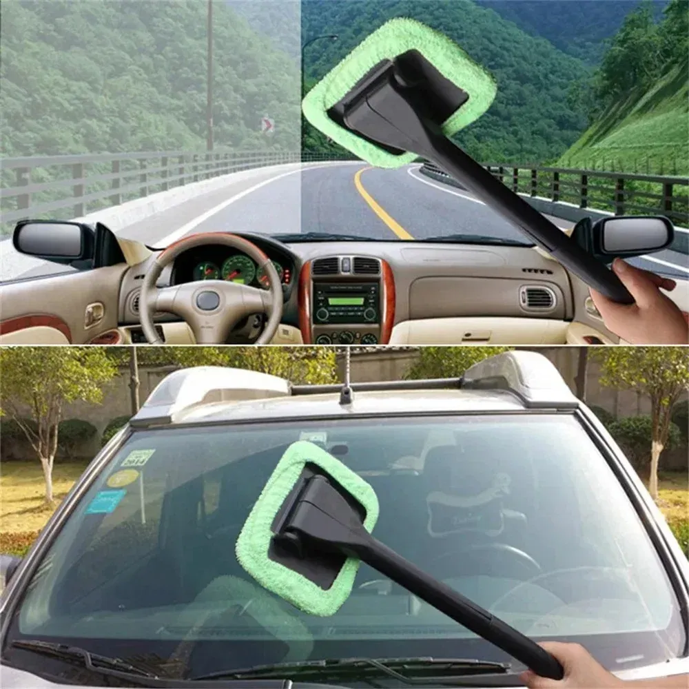 Color: Red - Car Windshield Cleaning Brush Kit Car Window Wiper Home Glass Defogging Dust Towel With Long Handle Cleaner Brush Washing Tool